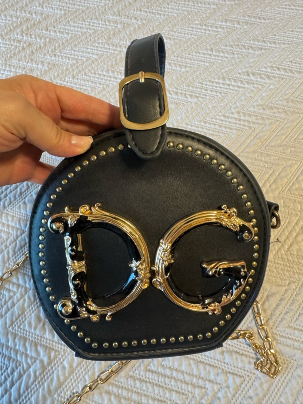 DG Black Round Crossbody Bag with Gold DG Emblem